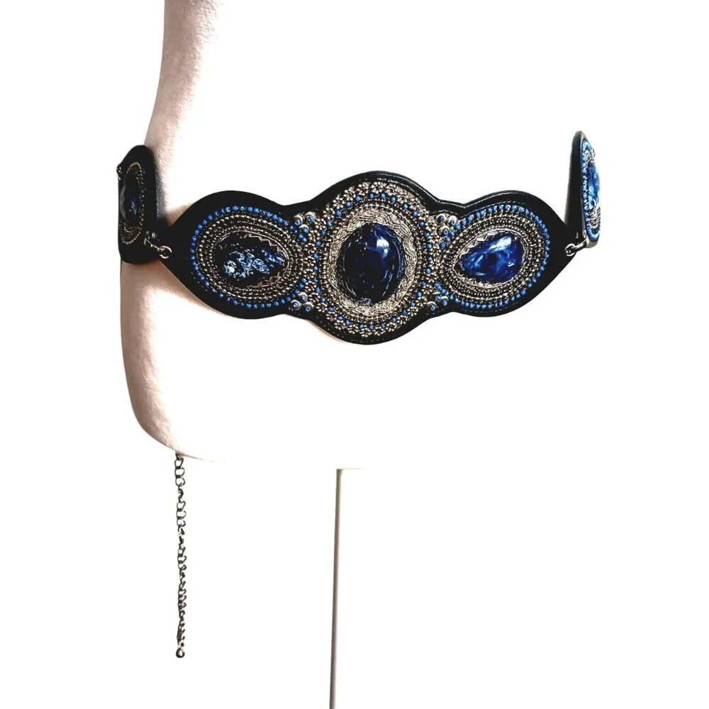 NWT Chico's Blue Faux Stone Silver Chain Link Statement Belt, M/L, Boho, Western